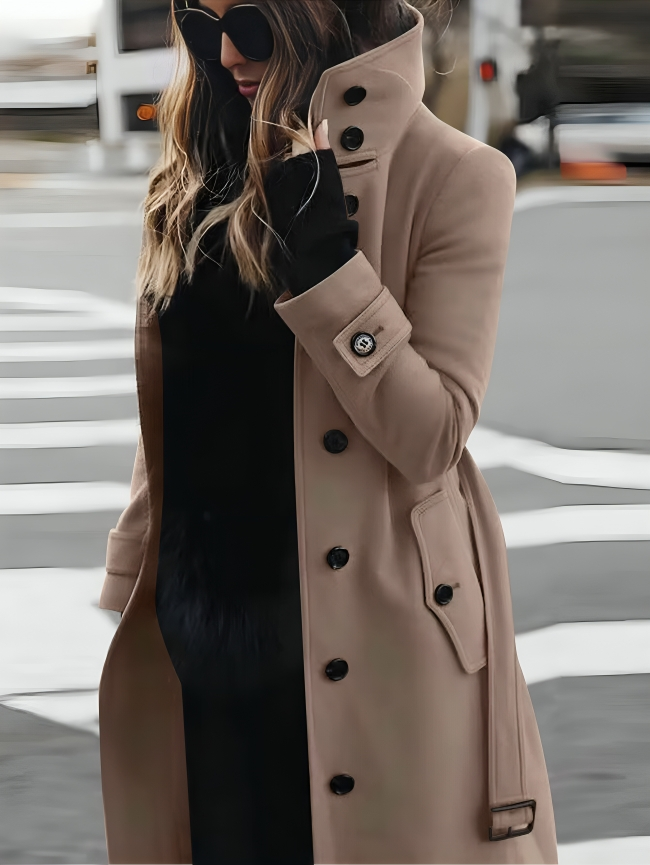 Women's Long Coat – Slim Fit – Double-Breasted – High Collar – Belted Waist