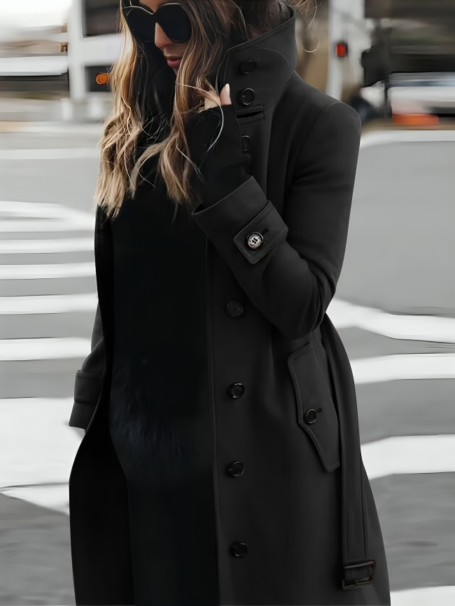 Women's Long Coat – Slim Fit – Double-Breasted – High Collar – Belted Waist