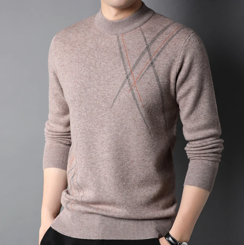 Men's Sweater – Slim Fit Wool Blend – Abstract Pattern – Ribbed Edges