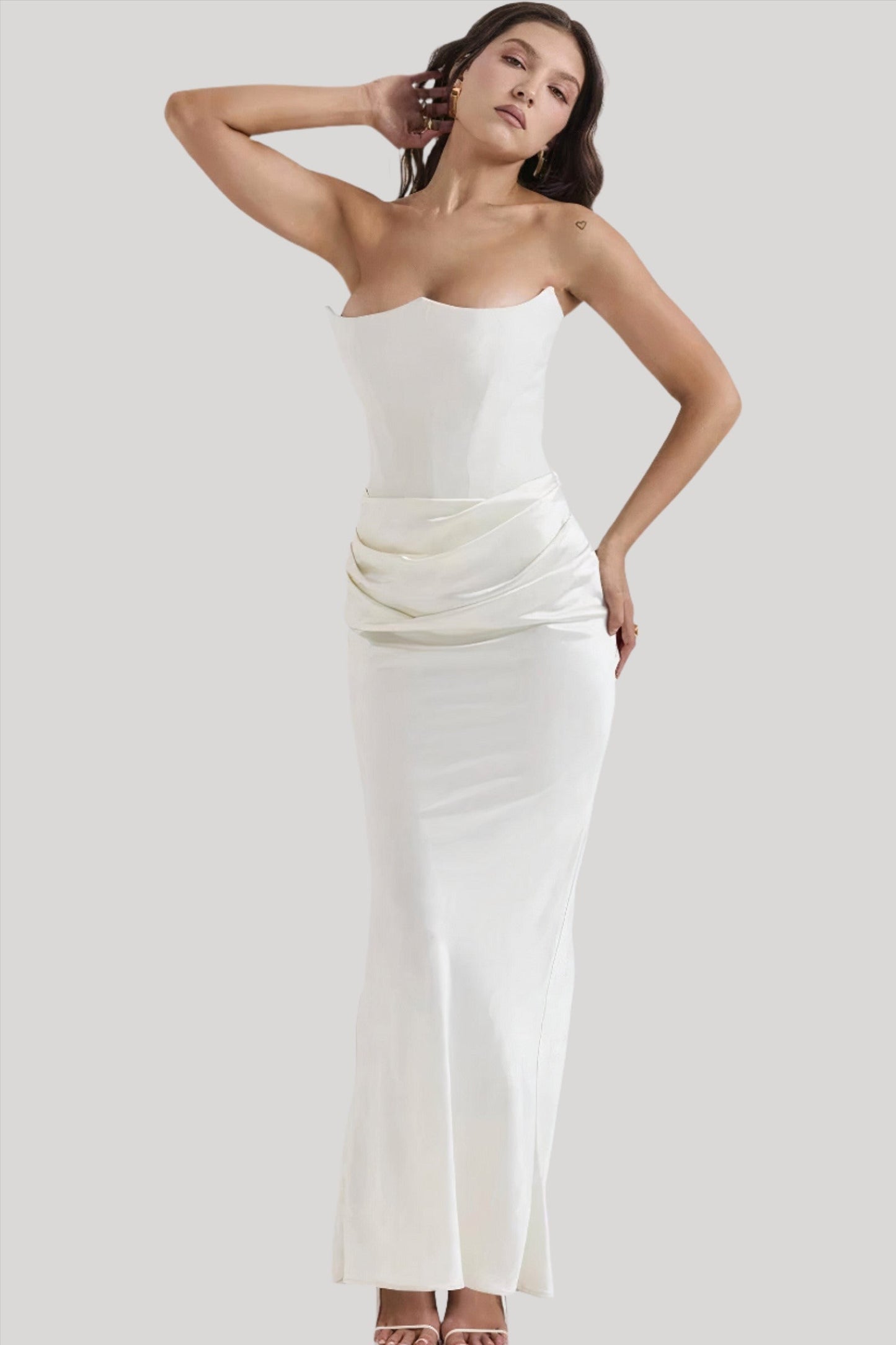 Women's Maxi Dress – Strapless – Tight Fit – Satin Look – Draped Hip