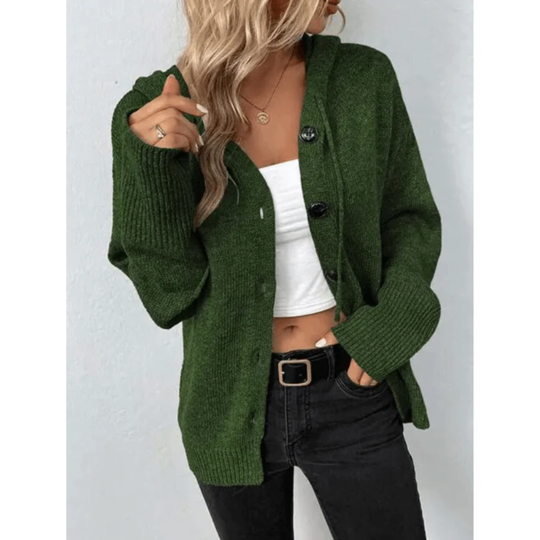 Women's Cardigan – Soft Knit – Oversized Fit – Button Closure – Hood – Ribbed Edges