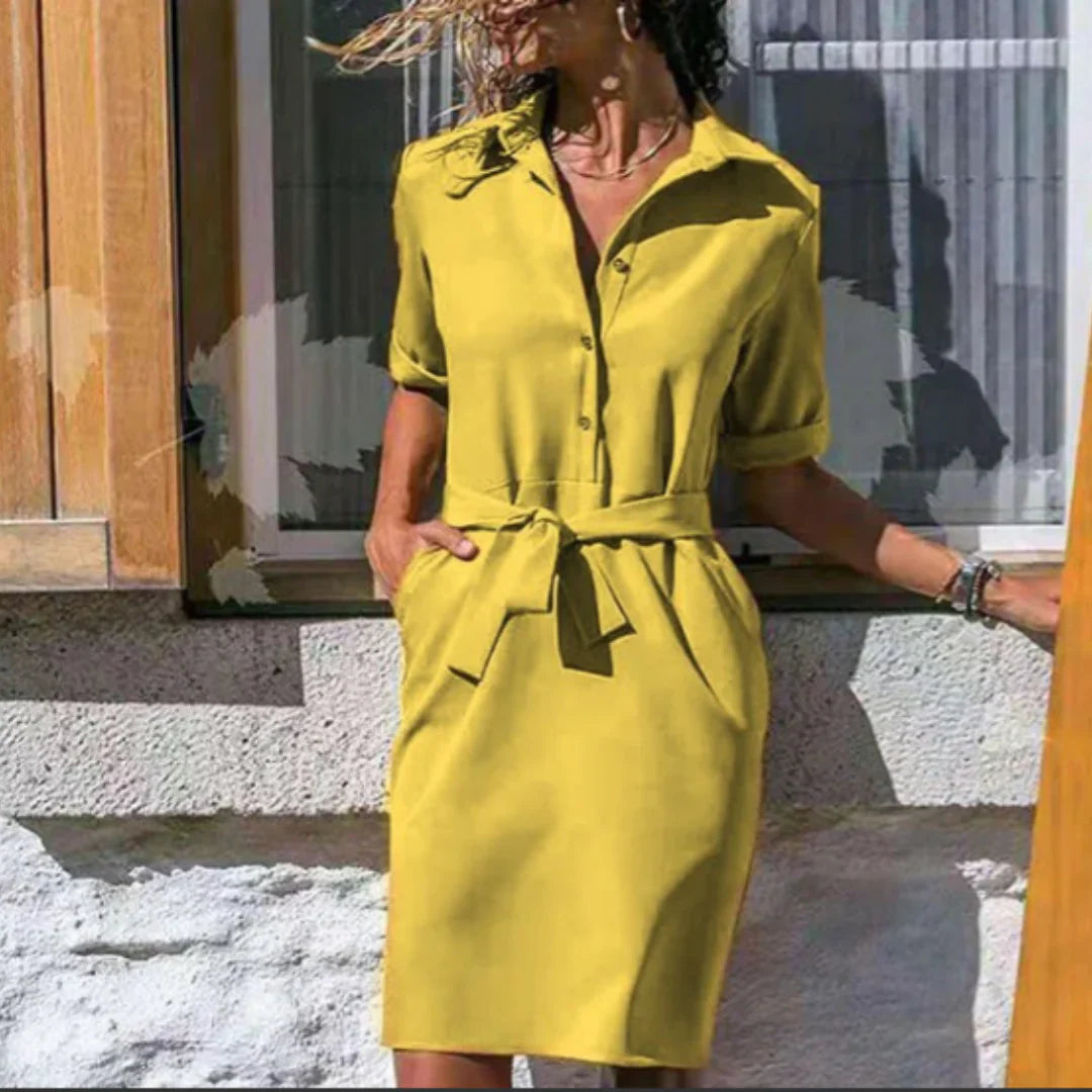 Women's Shirt Dress – Breathable Fabric Blend – Straight Fit – Knee-Length – Waist Belt