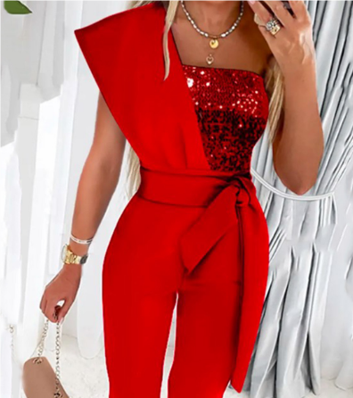 Women's Jumpsuit – Tailored Fit – One-Shoulder Ruffle – Luxurious Fabric – Belted Waist