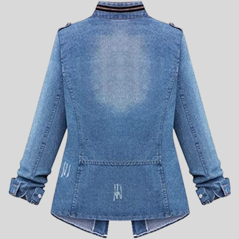 Women's Denim Jacket - Relaxed Fit - Hip Length - Chest Pockets - Button Closure
