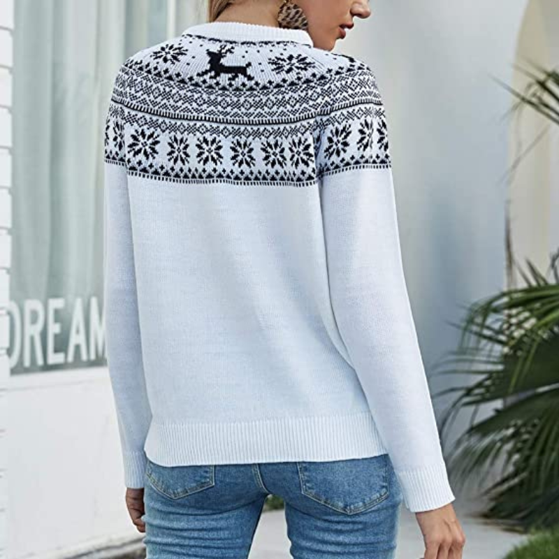 Women's Knitted Sweater - Soft Cotton - Fair Isle Pattern - Round Neck Long Sleeve
