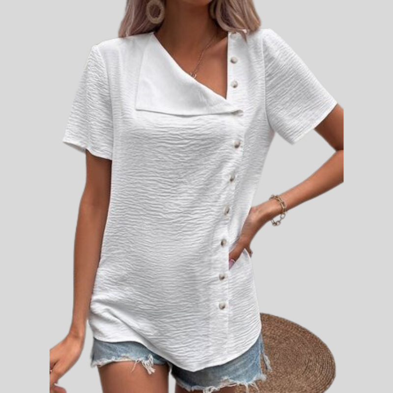 Women's Blouse - Asymmetric Button Placket - V-neck - Short-sleeved - Relaxed Fit