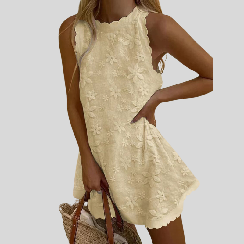 Women's Dress - Sleeveless A-line - Floral Embroidered - Scalloped Neckline and Hem