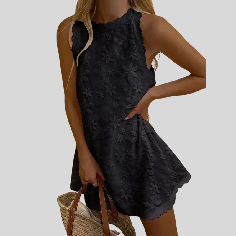 Women's Dress - Sleeveless A-line - Floral Embroidered - Scalloped Neckline and Hem
