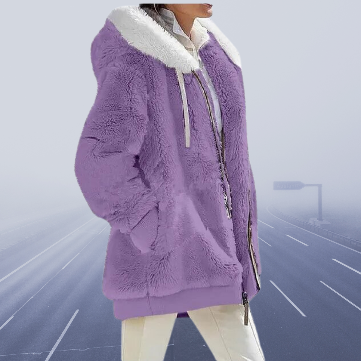 Dame Faux Fur Jakke - Hette med Kontrastfôr - Glidelåslukking - Varme og Komfort