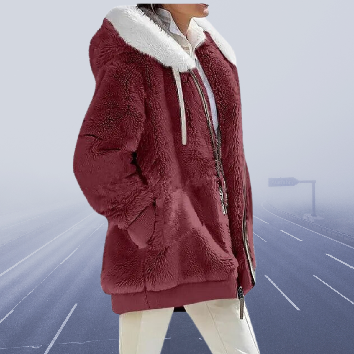 Dame Faux Fur Jakke - Hette med Kontrastfôr - Glidelåslukking - Varme og Komfort