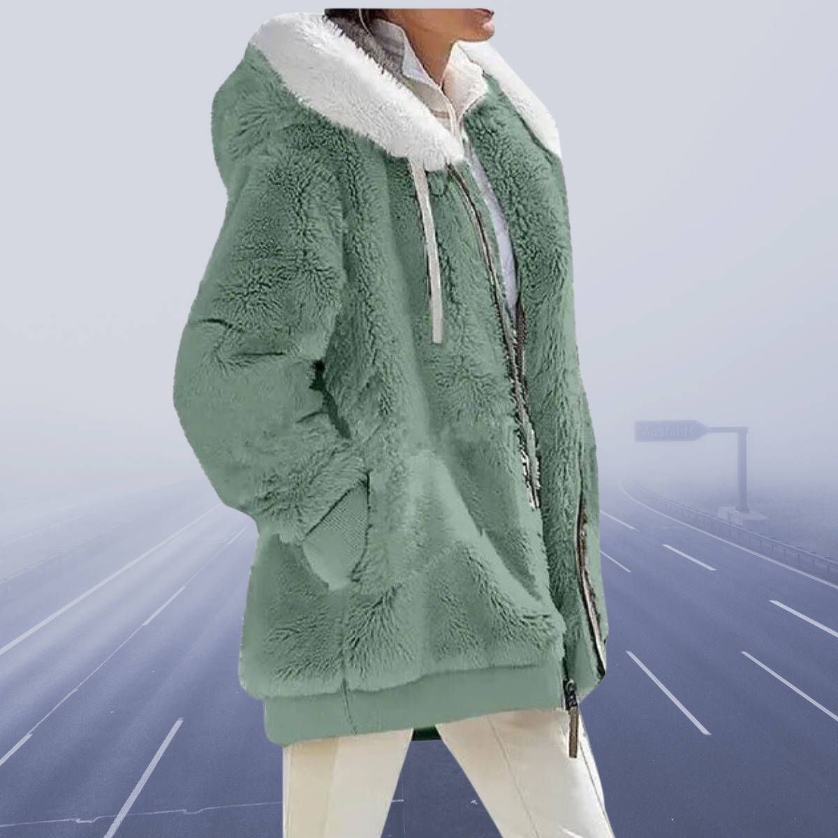 Dame Faux Fur Jakke - Hette med Kontrastfôr - Glidelåslukking - Varme og Komfort