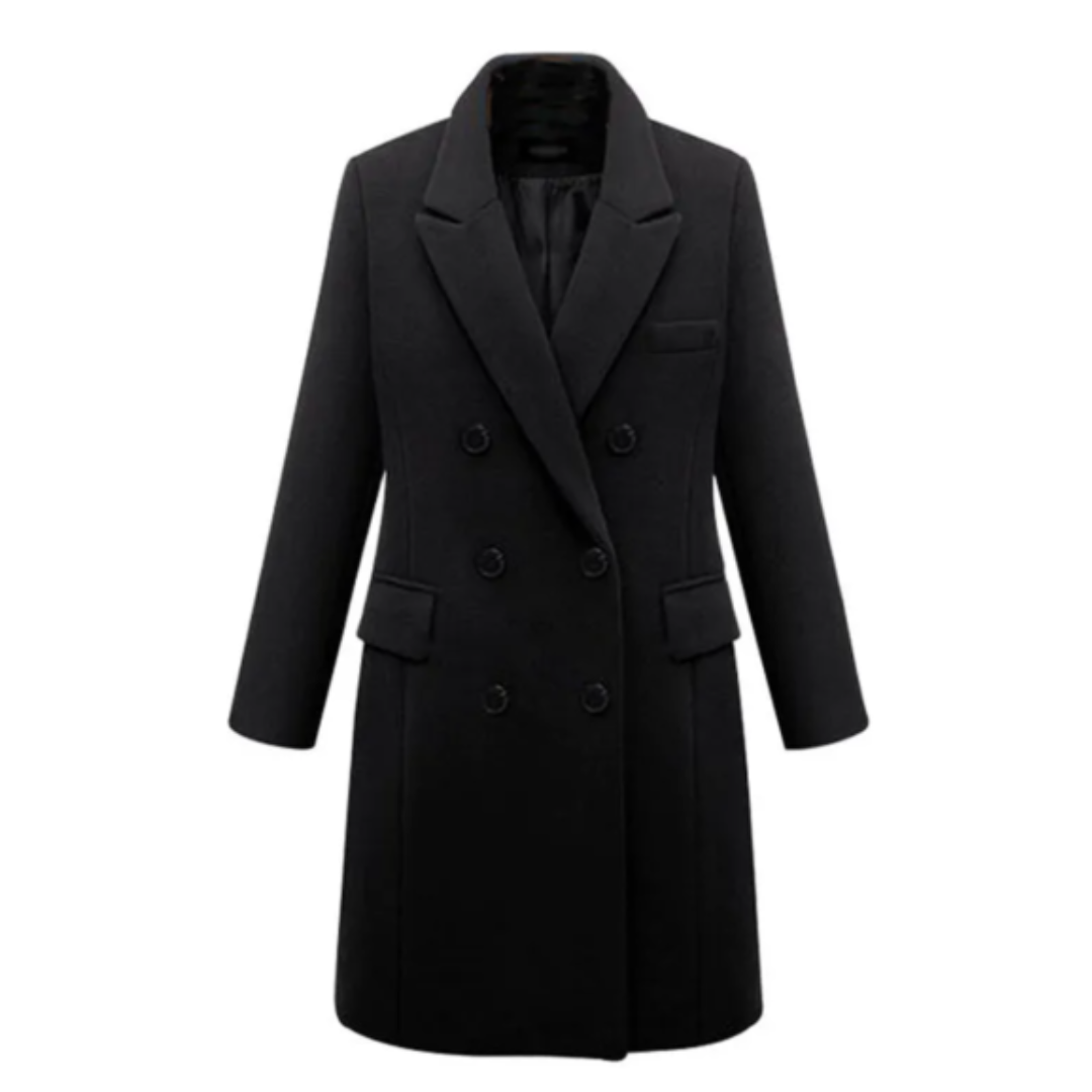Women's Long Coat – Wool Blend – Tailored Fit – Double-Breasted – Lapels
