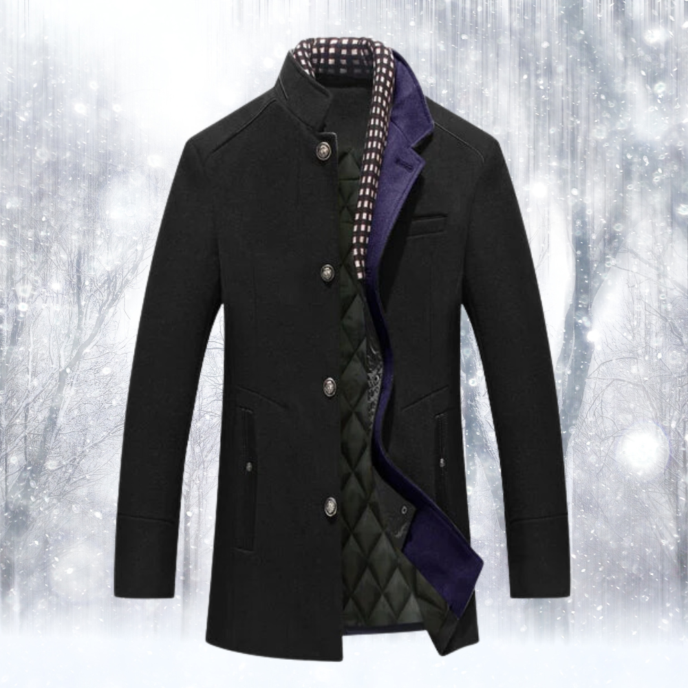 Men's Coat - Wool Blend - Tailored Fit - Stand Collar - Quilted Lining - Button Closure