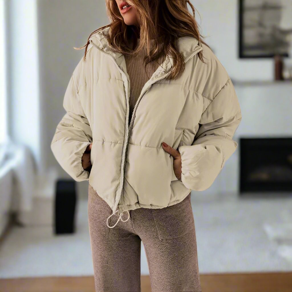 Women's Puffer Jacket - Short Length - High Collar - Zipper - Adjustable Fit