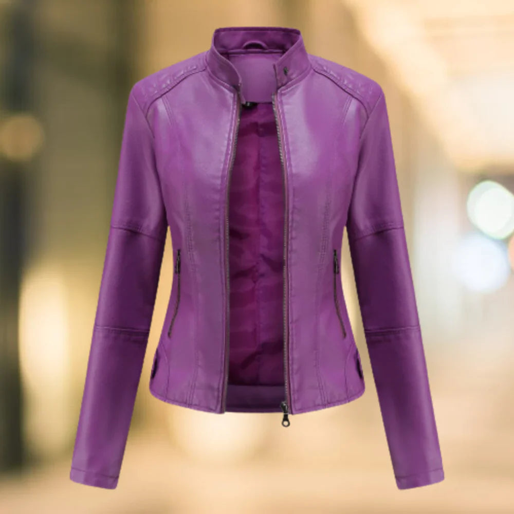 Women's Leather Jacket – Slim Fit – Stand Collar – Zipper Closure – Hip Length