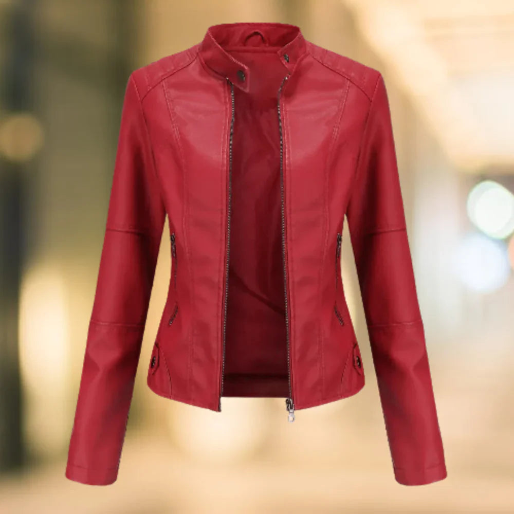 Women's Leather Jacket – Slim Fit – Stand Collar – Zipper Closure – Hip Length