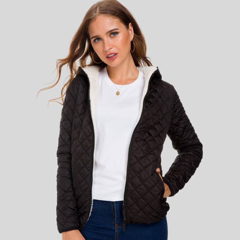Women's Padded Jacket - Diamond Pattern Quilted - Tailored with Zipper and Pockets