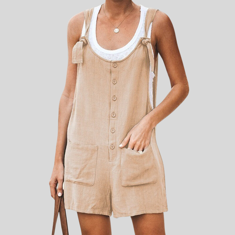 Women's Jumpsuit - Sleeveless with Tie Straps - Buttons and Front Pockets - Casual Fit