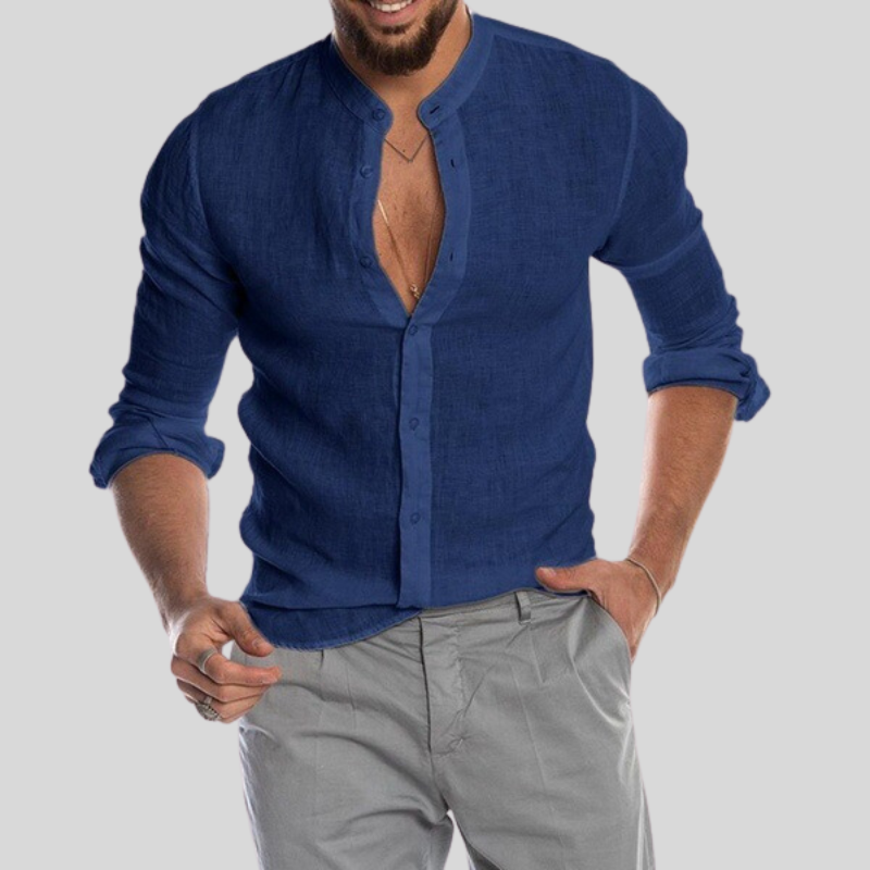 Men's Shirt - Slim Fit - Mandarin Collar - Light and Breathable Linen Blend - Long Sleeves