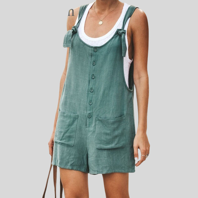 Women's Jumpsuit - Sleeveless with Tie Straps - Buttons and Front Pockets - Casual Fit