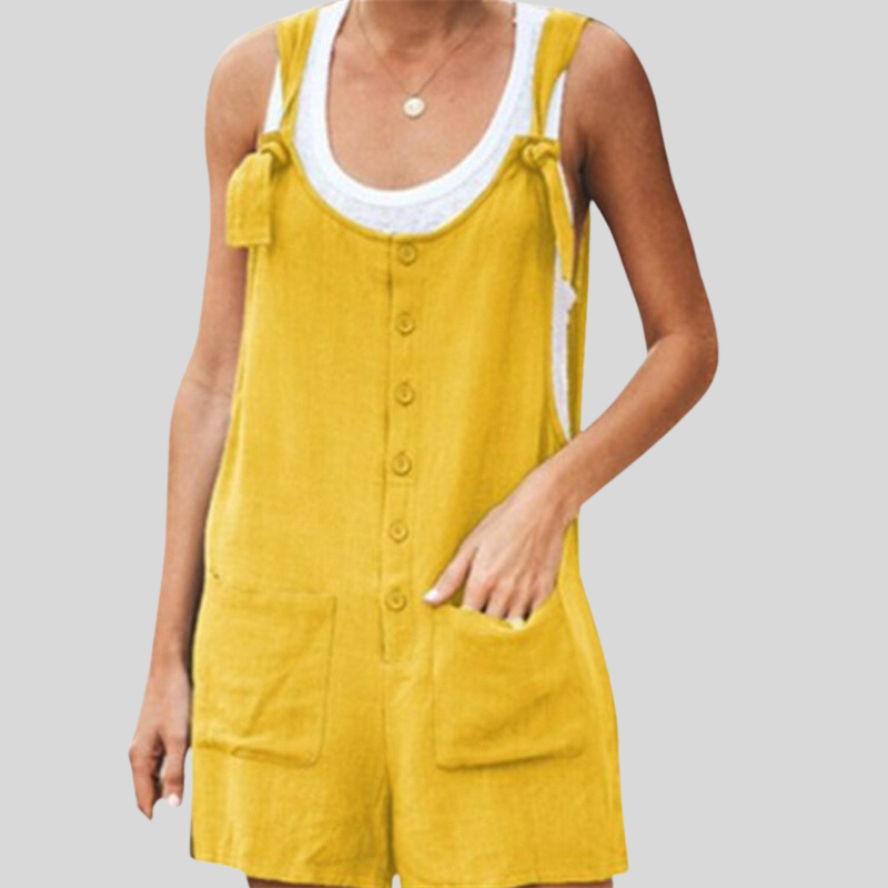 Women's Jumpsuit - Sleeveless with Tie Straps - Buttons and Front Pockets - Casual Fit