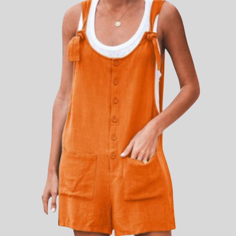 Women's Jumpsuit - Sleeveless with Tie Straps - Buttons and Front Pockets - Casual Fit