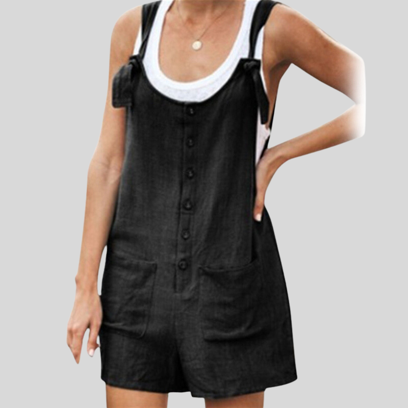 Women's Jumpsuit - Sleeveless with Tie Straps - Buttons and Front Pockets - Casual Fit