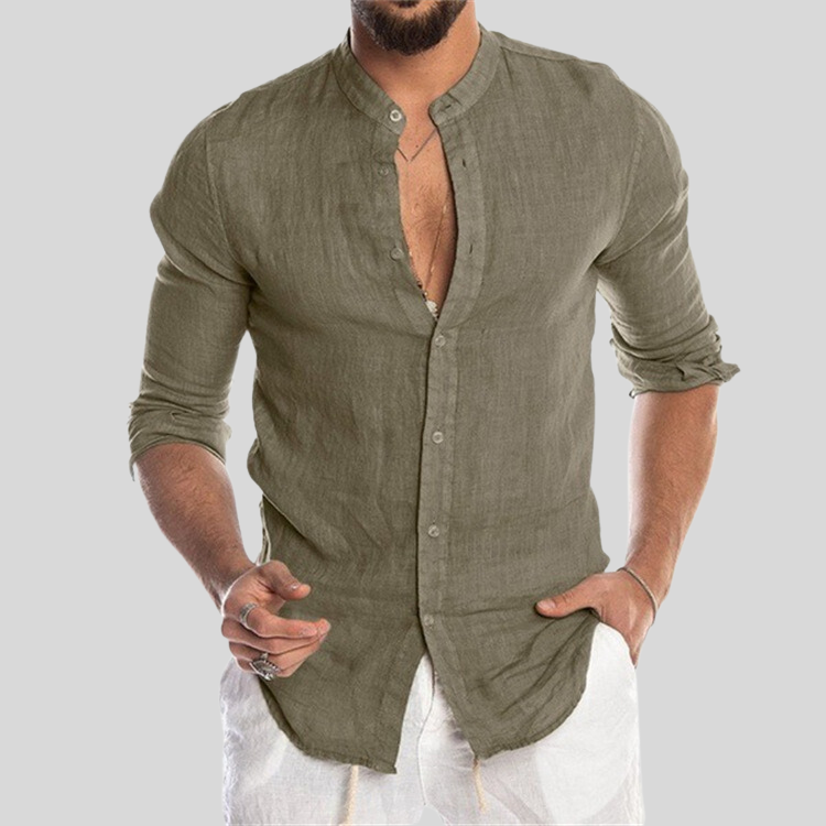 Men's Shirt - Slim Fit - Mandarin Collar - Light and Breathable Linen Blend - Long Sleeves