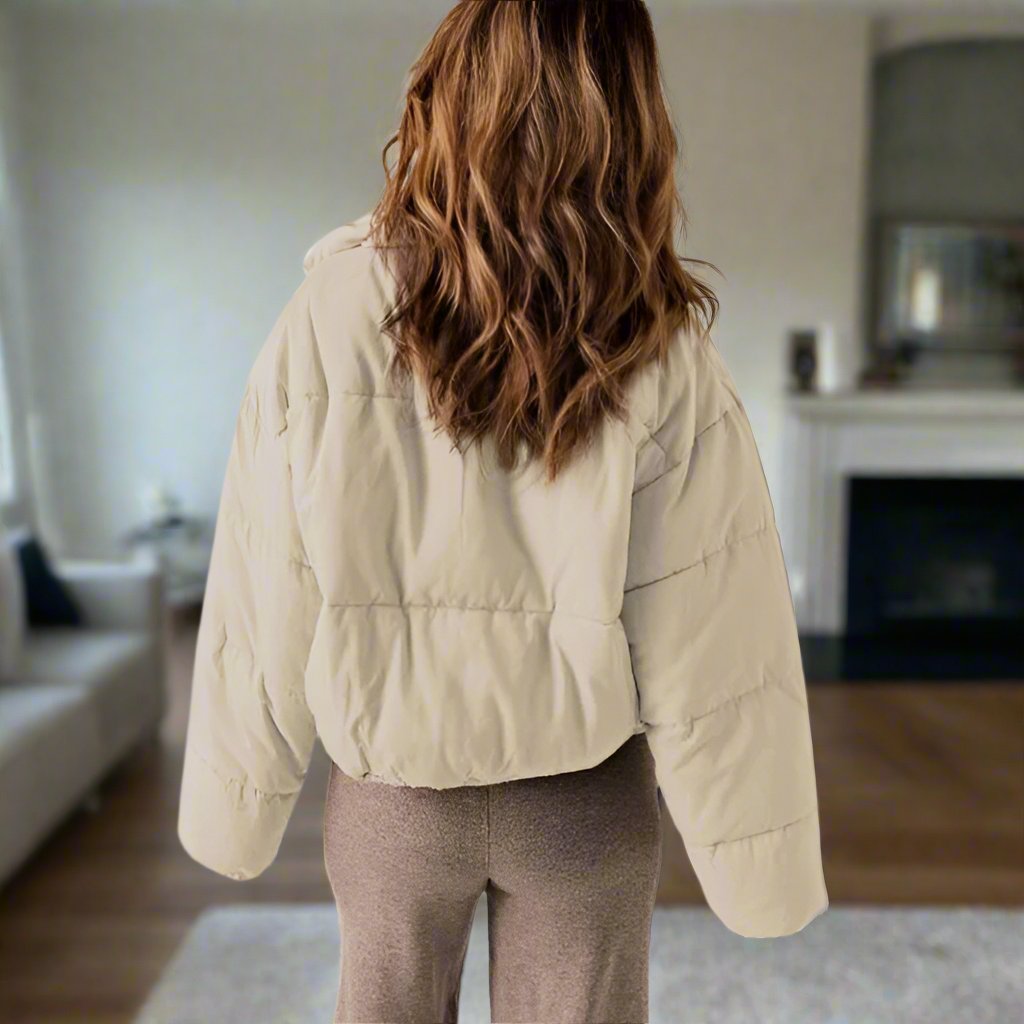 Women's Puffer Jacket - Short Length - High Collar - Zipper - Adjustable Fit