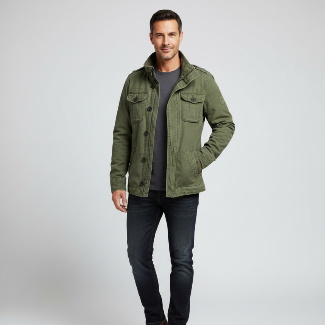 Men's Denim Jacket – Regular Fit – Button Closure – High Collar – Multiple Pockets – Epaulettes