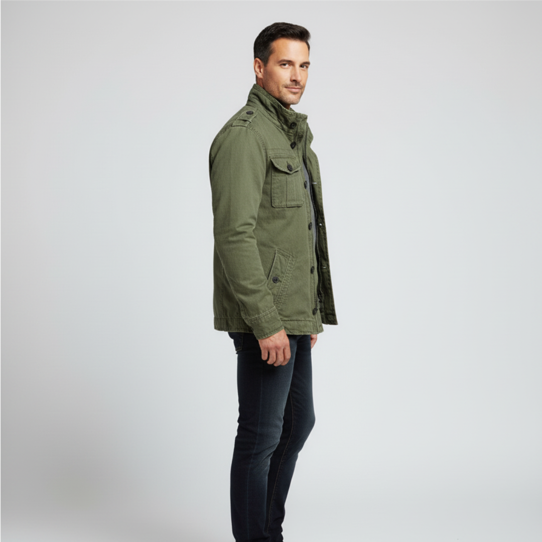 Men's Denim Jacket – Regular Fit – Button Closure – High Collar – Multiple Pockets – Epaulettes