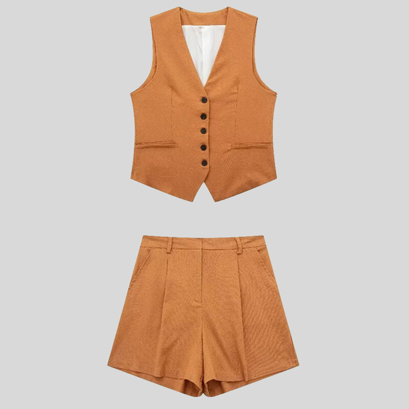 Dame Dresset Vest og Shorts - Skreddersydd Passform - Ermelaus - Høy Midje med Folder