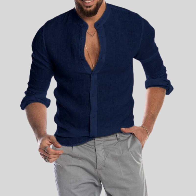 Men's Shirt - Slim Fit - Mandarin Collar - Light and Breathable Linen Blend - Long Sleeves
