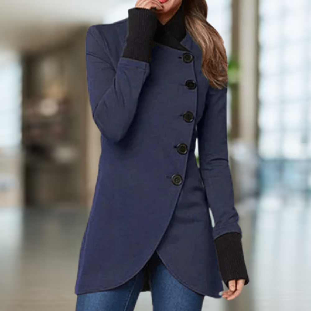 Dame Kåpe - Ullblanding - Høy Krage - Knapper - Asymmetrisk Snitt - Elegant Passform