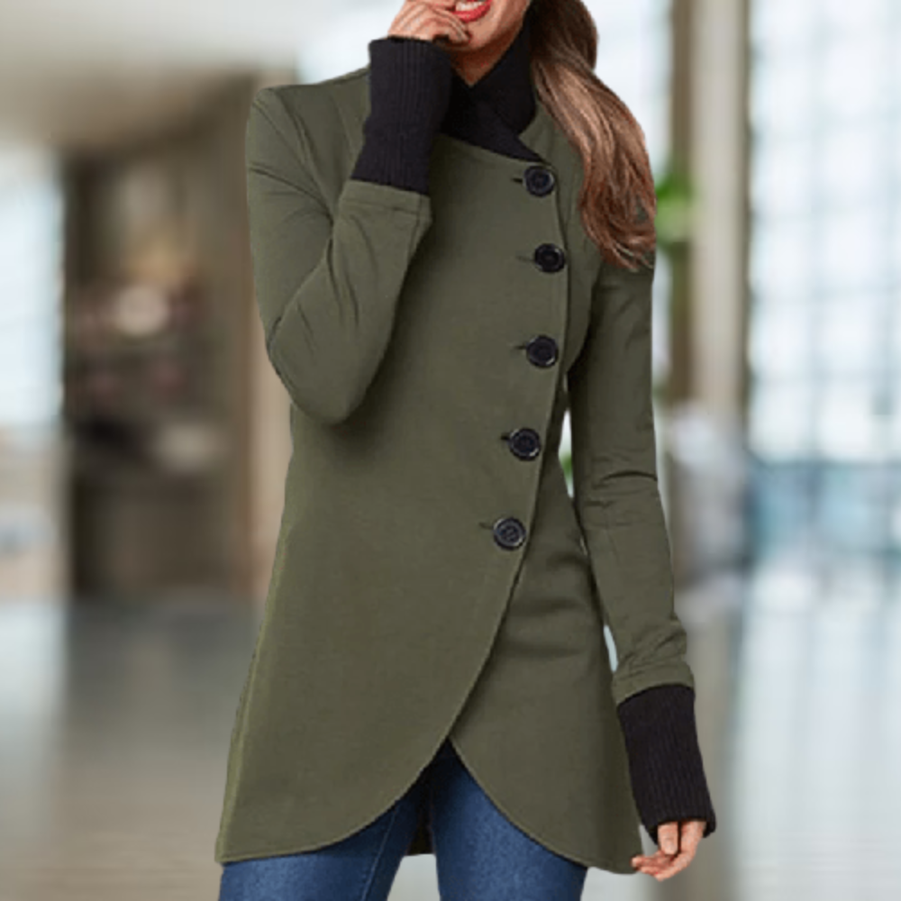 Dame Kåpe - Ullblanding - Høy Krage - Knapper - Asymmetrisk Snitt - Elegant Passform