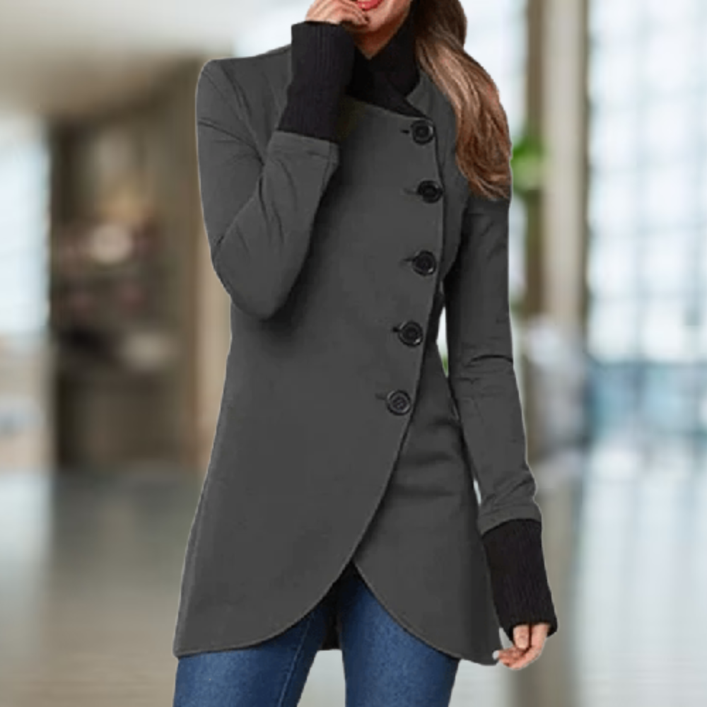 Dame Kåpe - Ullblanding - Høy Krage - Knapper - Asymmetrisk Snitt - Elegant Passform