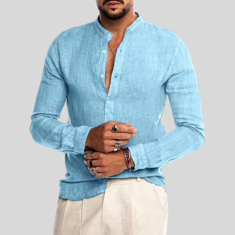 Men's Shirt - Slim Fit - Mandarin Collar - Light and Breathable Linen Blend - Long Sleeves