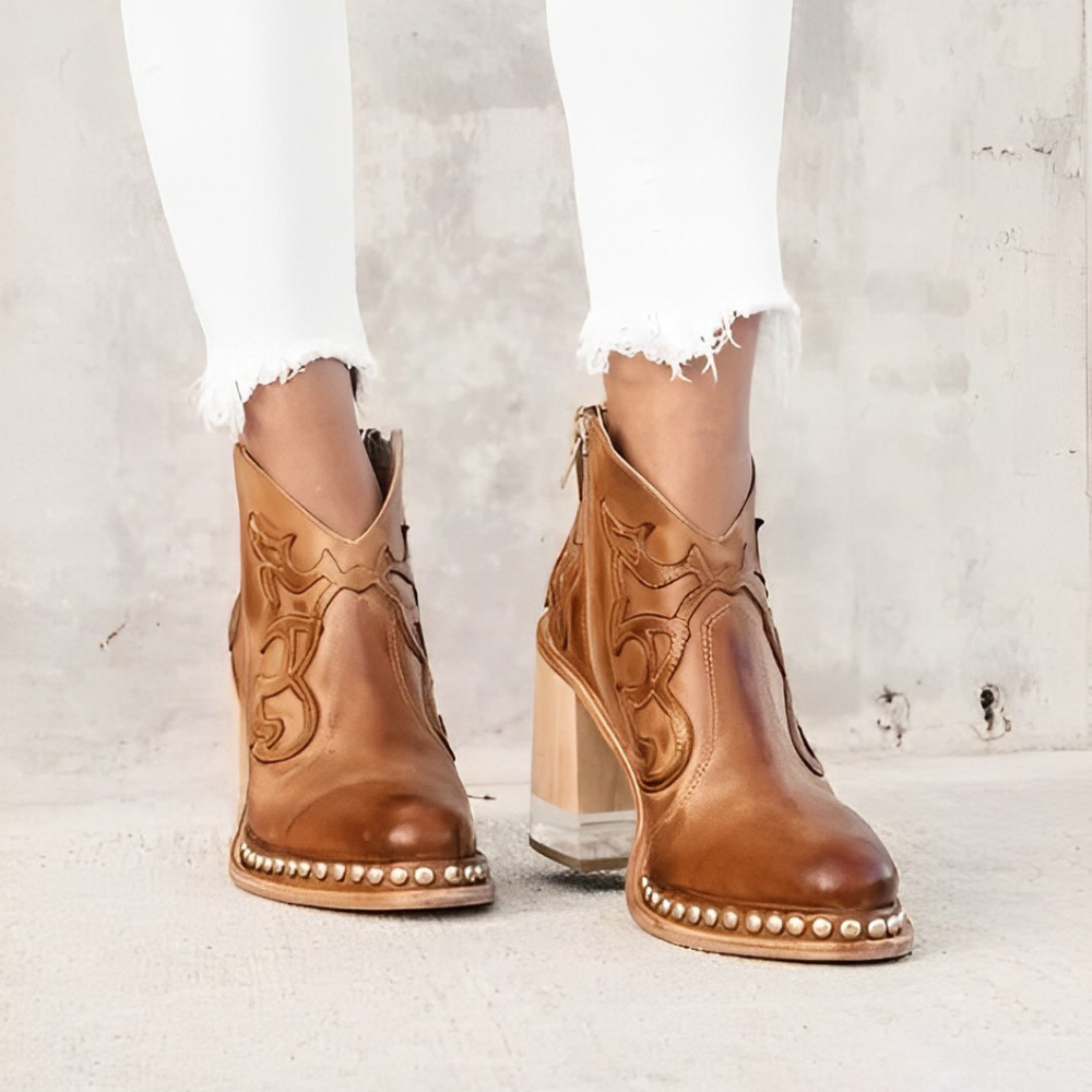 Women's Ankle Boots – Modern Fit – Embroidered Design – Block Heel – Studded Sole