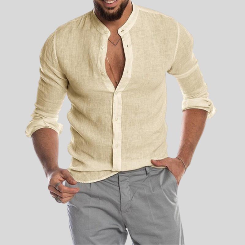Men's Shirt - Slim Fit - Mandarin Collar - Light and Breathable Linen Blend - Long Sleeves