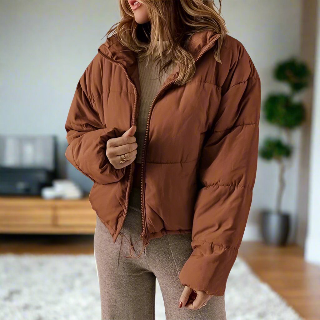 Women's Puffer Jacket - Short Length - High Collar - Zipper - Adjustable Fit