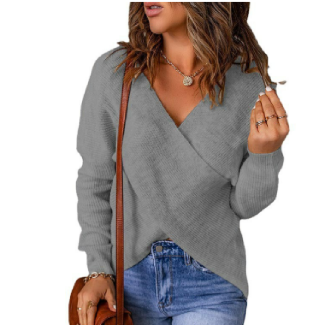 Women's Sweater – Relaxed Fit – Crossed Front – Ribbed Long Sleeve