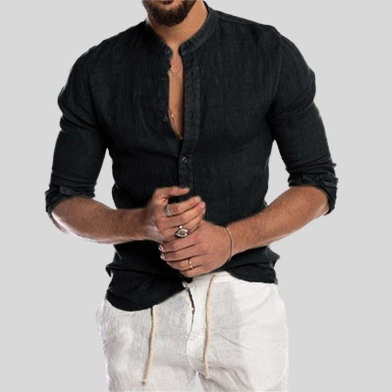 Men's Shirt - Slim Fit - Mandarin Collar - Light and Breathable Linen Blend - Long Sleeves