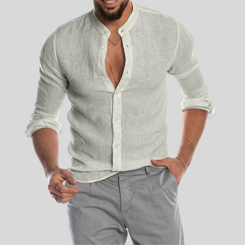Men's Shirt - Slim Fit - Mandarin Collar - Light and Breathable Linen Blend - Long Sleeves