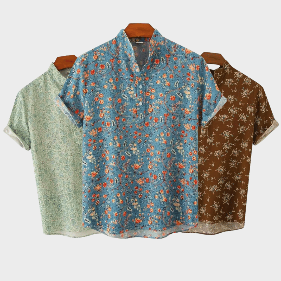 Herreskjorte - Kortermet Button-Up - Blomsterprint - Avslappet Passform - Pustende Stoff