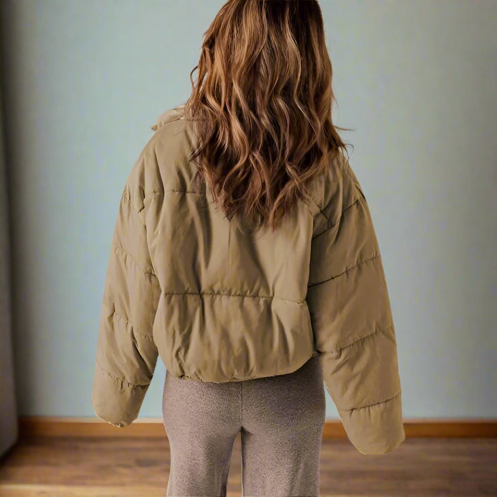 Women's Puffer Jacket - Short Length - High Collar - Zipper - Adjustable Fit