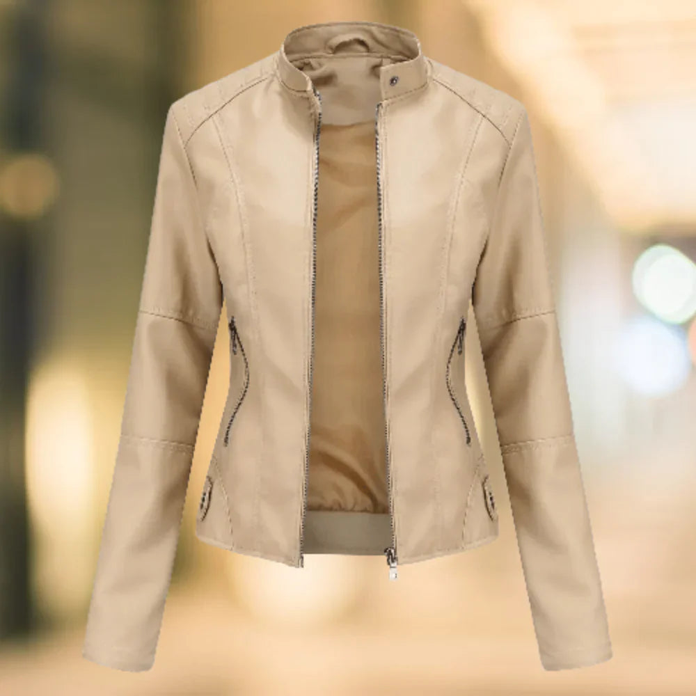 Women's Leather Jacket – Slim Fit – Stand Collar – Zipper Closure – Hip Length