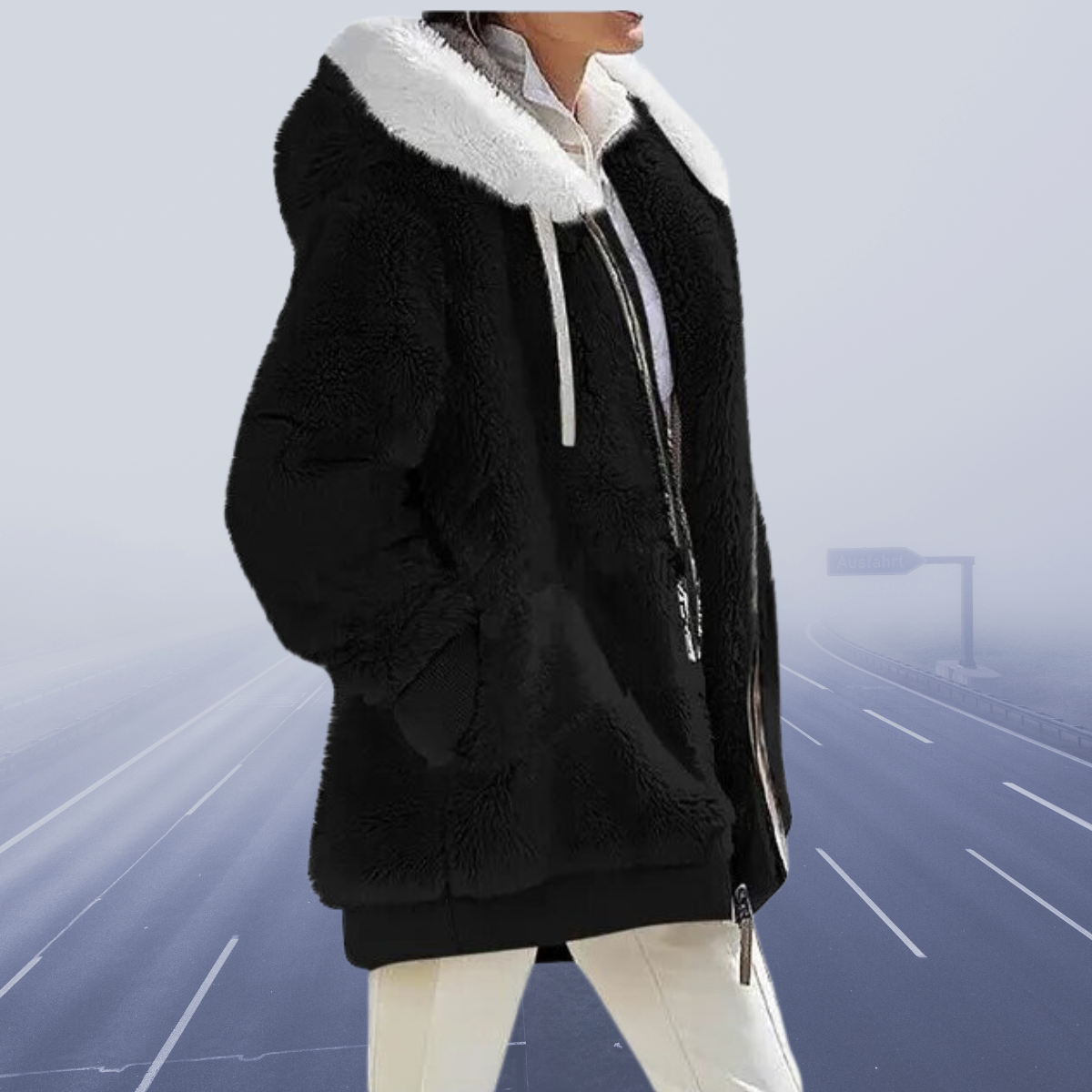 Dame Faux Fur Jakke - Hette med Kontrastfôr - Glidelåslukking - Varme og Komfort
