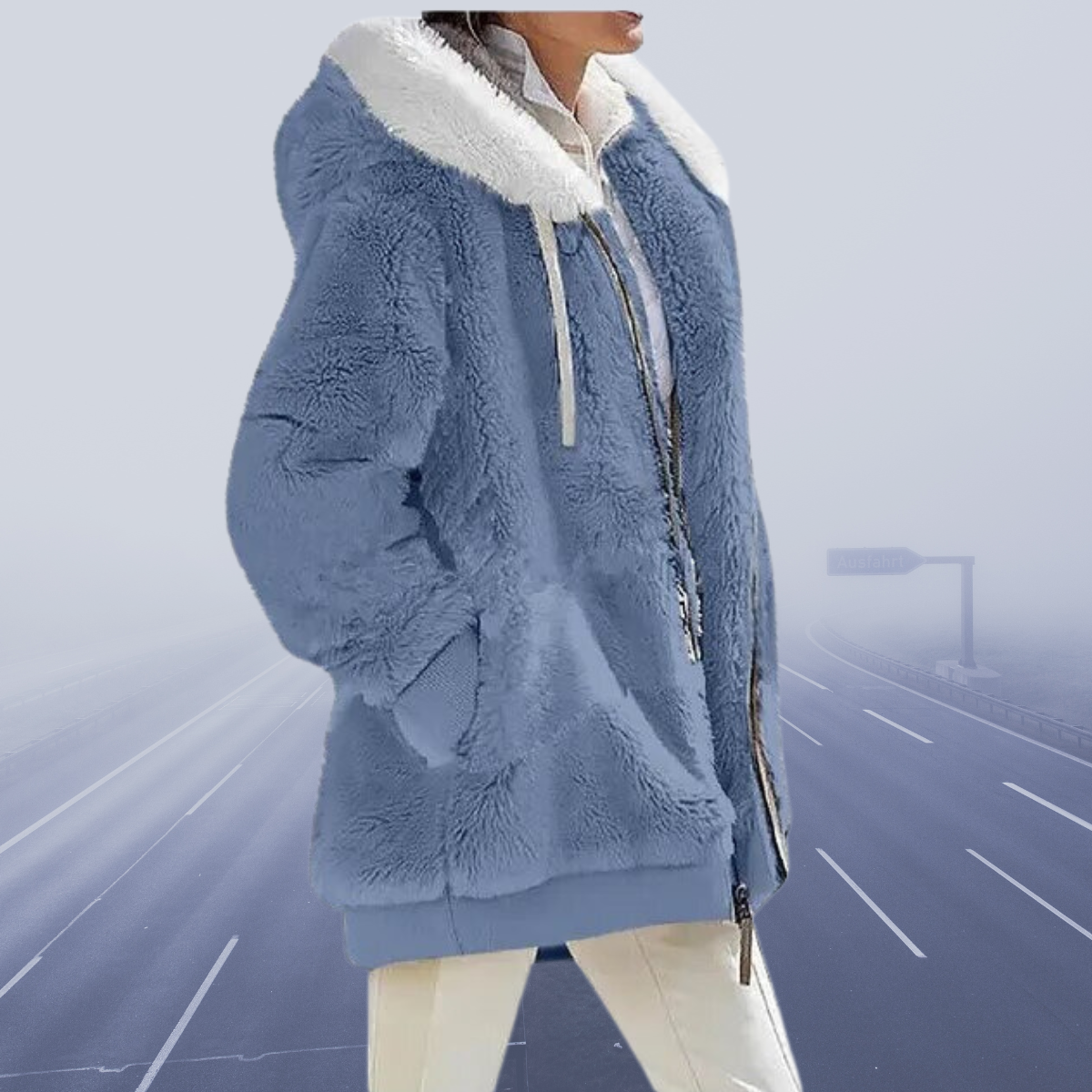 Dame Faux Fur Jakke - Hette med Kontrastfôr - Glidelåslukking - Varme og Komfort
