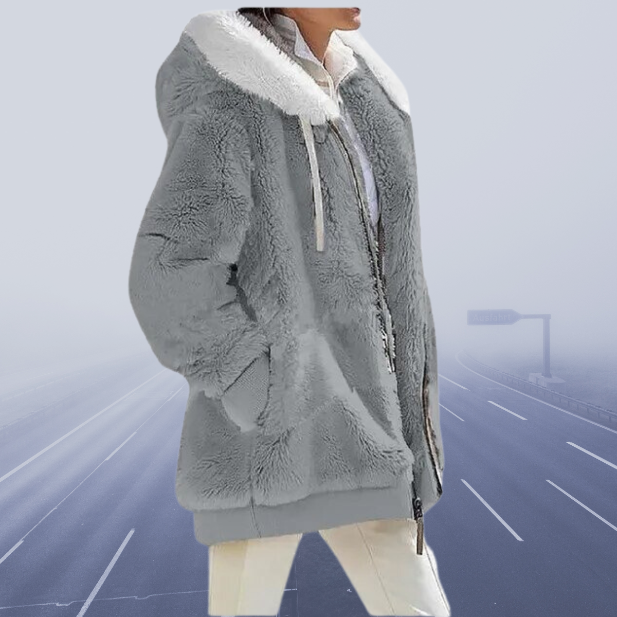 Dame Faux Fur Jakke - Hette med Kontrastfôr - Glidelåslukking - Varme og Komfort