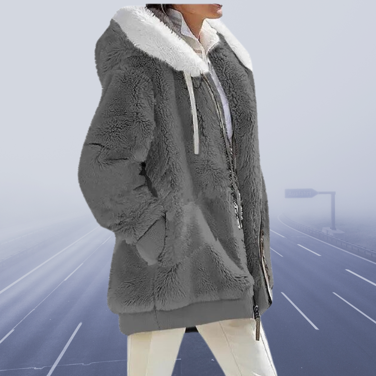 Dame Faux Fur Jakke - Hette med Kontrastfôr - Glidelåslukking - Varme og Komfort